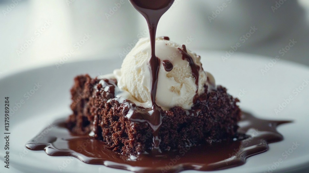 Delicious chocolate cake with melting ice cream and rich chocolate sauce served on a white plate
