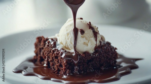 Obraz na płótnie Delicious chocolate cake with melting ice cream and rich chocolate sauce served on a white plate w salonie