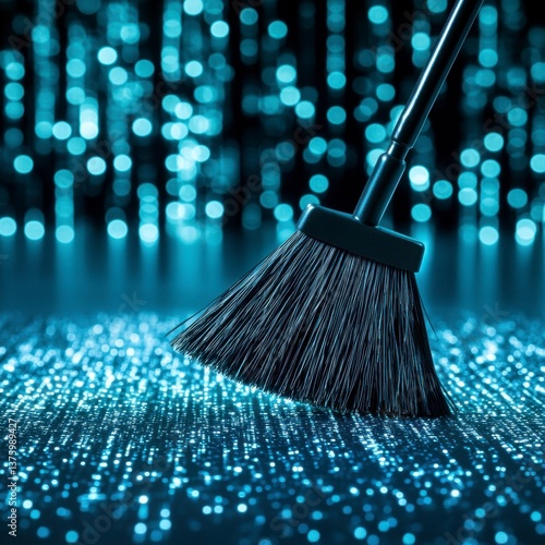 A broom sweeps across a digital landscape of glowing blue data points, creating a visual metaphor for data cleaning or cybersecurity.