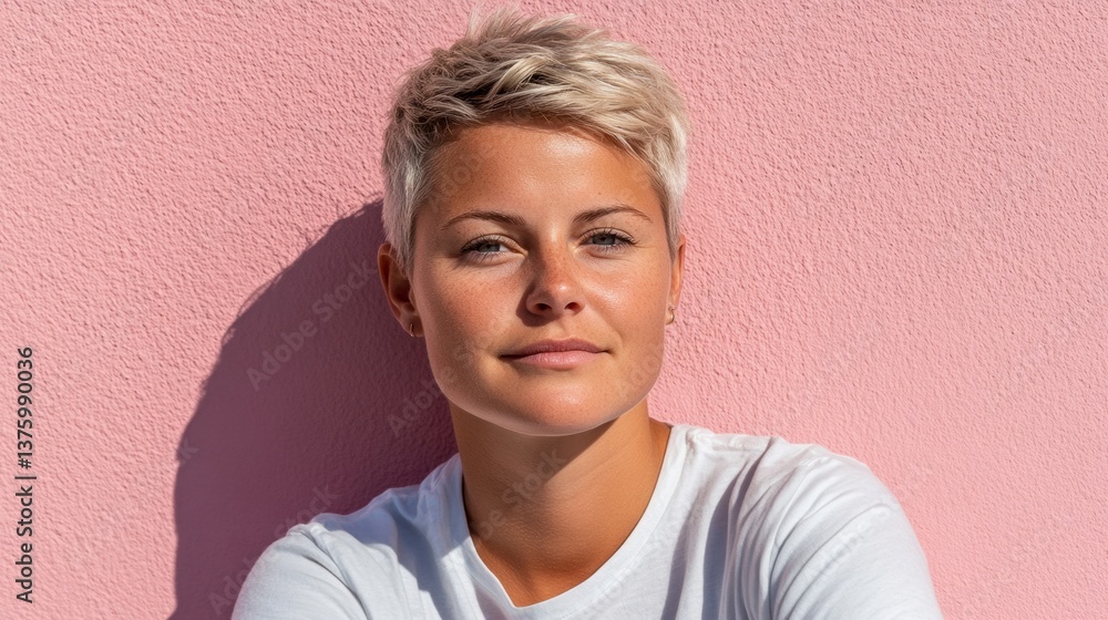 Young woman with short blonde hair poses against a pink wall in bright daylight, showcasing a confident expression and casual style
