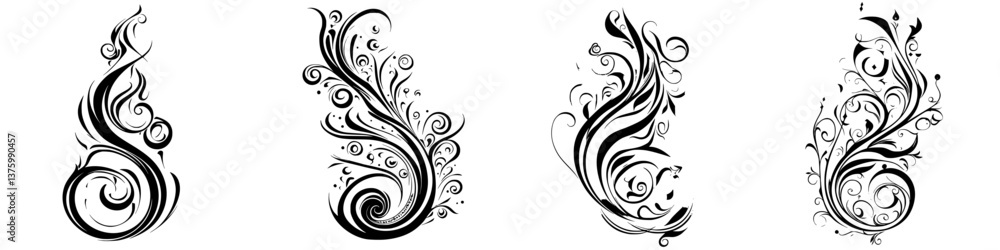Decorative floral design elements featuring intricate swirls and curves in black and white for creative projects Decorative floral design elements featuring intricate swirls and curves in black and white for creative projects
