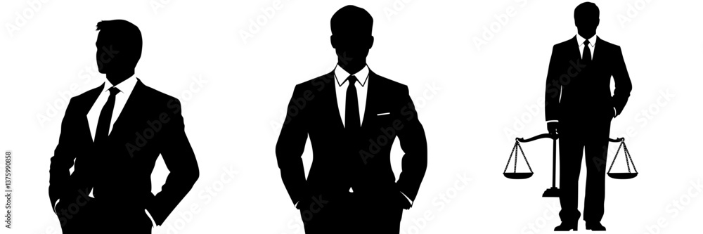 Silhouettes of professionals in suits with a balance scale symbolizing justice and law in a minimalist design Silhouettes of professionals in suits with a balance scale symbolizing justice and law in a minimalist design