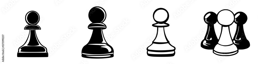 Different styles of chess pawns in black and white colors reflecting strategic gameplay and design at a gaming session Different styles of chess pawns in black and white colors reflecting strategic gameplay and design at a gaming session
