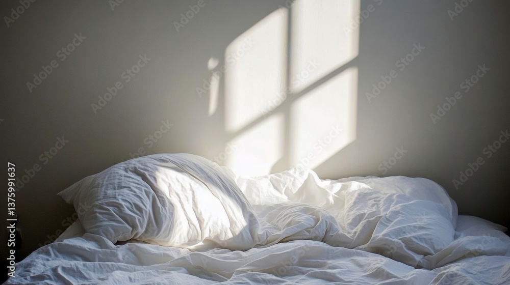 Soft morning light illuminating a freshly made bed with white linens and a cozy pillow in a serene bedroom setting