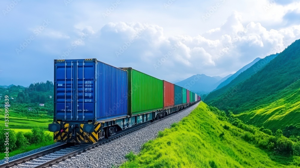 Fototapeta premium Freight train carrying colorful cargo containers travels through a lush green valley under a partly cloudy sky.