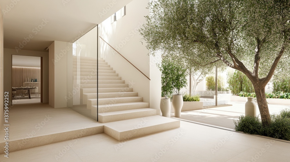 Sleek marble staircase transitions to an open space, showcasing modern design and trees outside through large windows