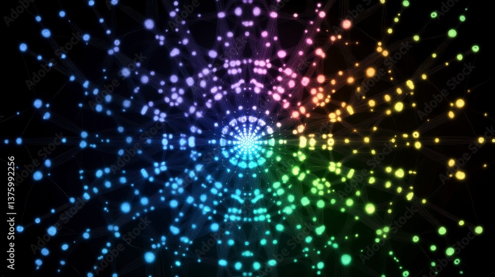 Fototapeta premium Abstract background with colorful glowing particles radiating outward from a central point, creating a vibrant and dynamic effect.