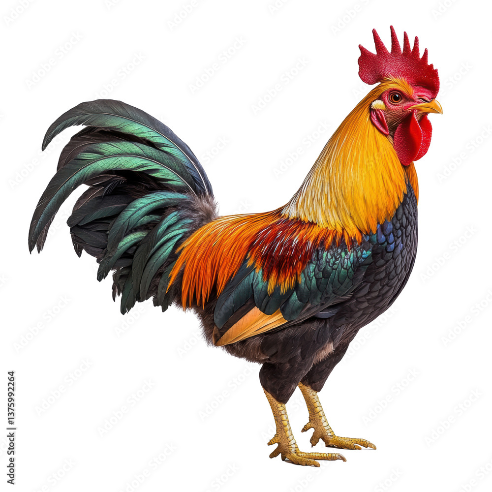 Vibrant Rooster Displaying Colorful Feathers on white background Vibrant Rooster Displaying Colorful Feathers on white background