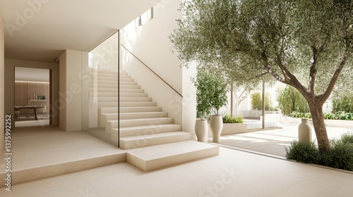 Obraz na płótnie Sleek marble staircase transitions to an open space, showcasing modern design and trees outside through large windows w salonie