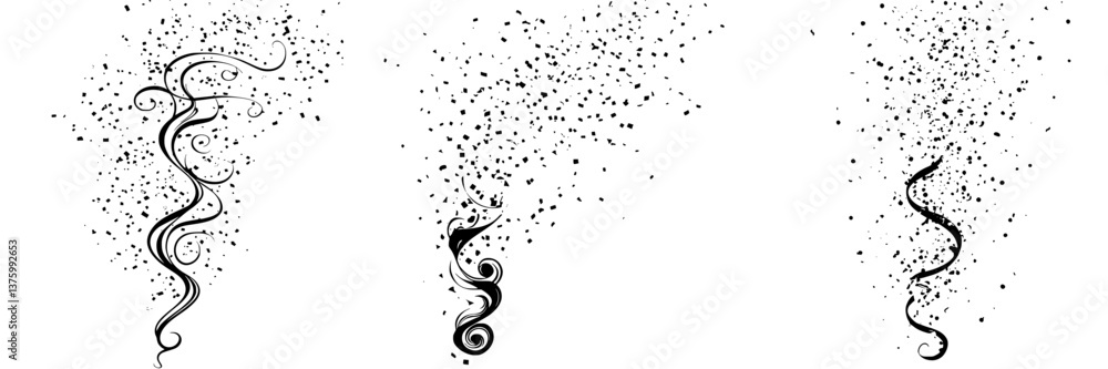 Elegant black swirl patterns and confetti create a whimsical celebratory atmosphere for events and festivities
