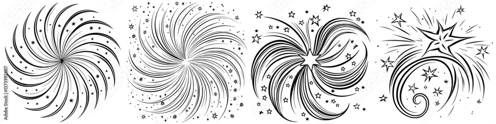 Creative line art designs featuring swirls and stars on a white background, suitable for festive themes or decorative projects