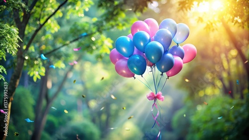 A bouquet of blue and pink balloons with a pink bow floats in the air, surrounded by a soft green bokeh of foliage and sunlight.