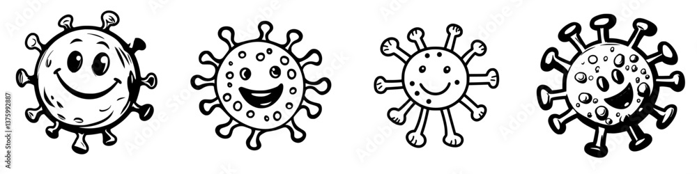 Cartoon virus characters with smiling faces in a playful design showcasing different expressions and features Cartoon virus characters with smiling faces in a playful design showcasing different expressions and features