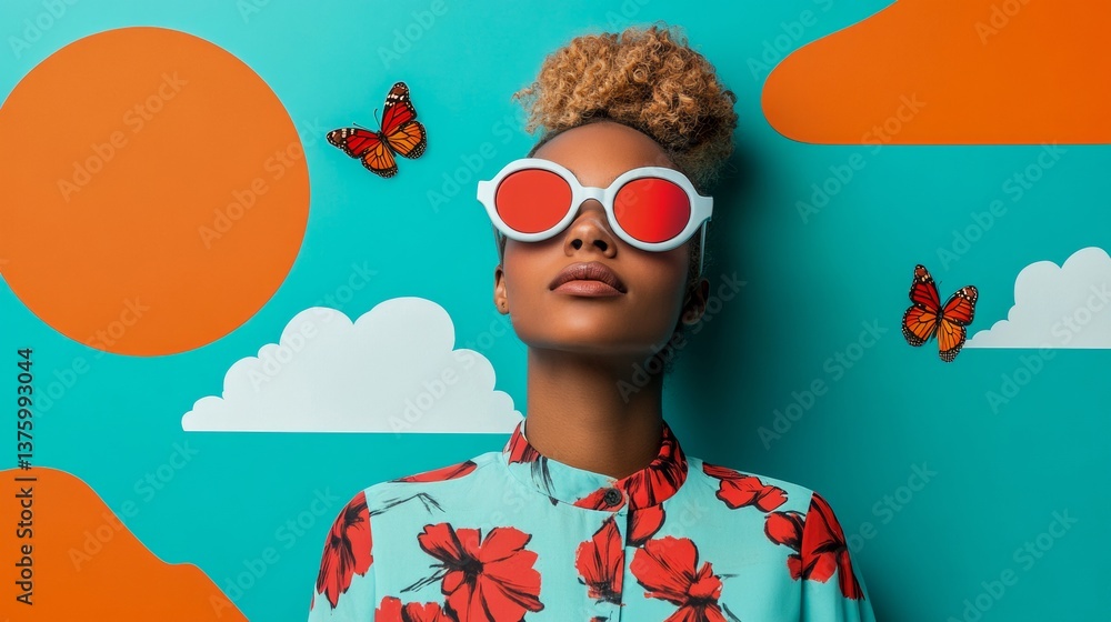 Woman wearing stylish sunglasses poses against colorful mural featuring butterflies and clouds during a sunny day