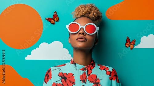 Obraz na płótnie Woman wearing stylish sunglasses poses against colorful mural featuring butterflies and clouds during a sunny day w salonie