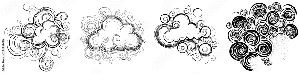 Various swirling cloud illustrations in black and white showcasing intricate designs and patterns Various swirling cloud illustrations in black and white showcasing intricate designs and patterns