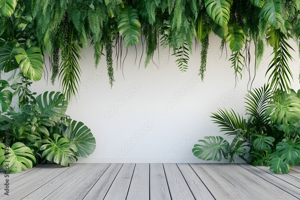 Fototapeta premium Green plants and wooden floor on a white wall background, tropical leaves, home interior design mock-up for product display presentation, empty space concept.