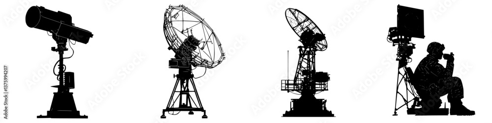Various radar systems displayed in silhouette form against a light background during a technology exhibition