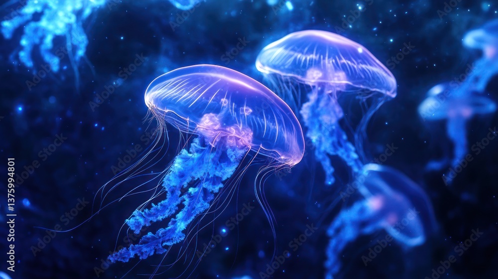 Fototapeta premium Beautiful blue jellyfish floating in a dark underwater scene