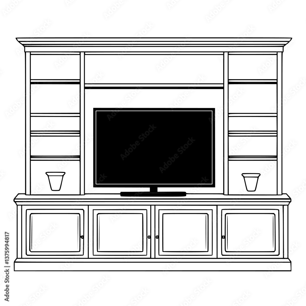 Modern television stand with shelving and decorative plant pots in a contemporary living room design for home entertainment setup Modern television stand with shelving and decorative plant pots in a contemporary living room design for home entertainment setup