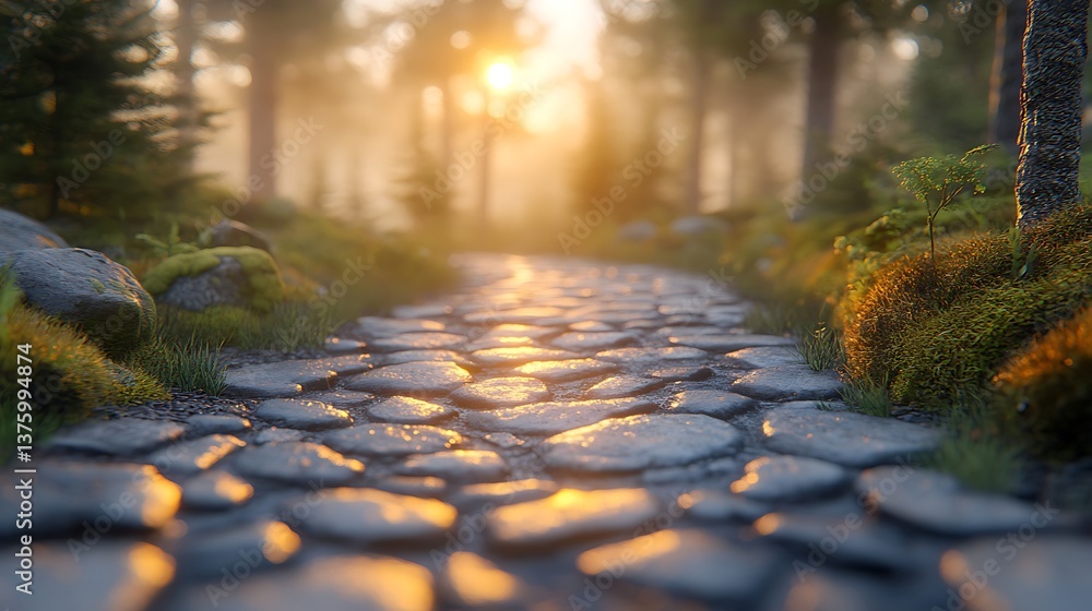 Naklejka premium Ancient Stone Pathway Blanketed in Jade Greenery Surrounded by Trees at Dawn