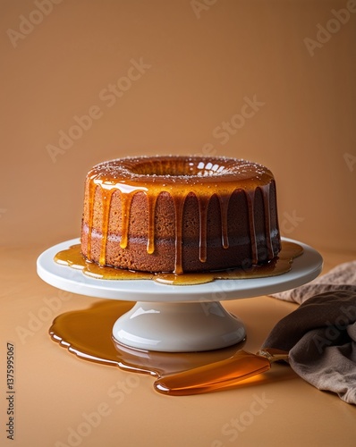 A glazed looking honey cake on a plain warm amber background