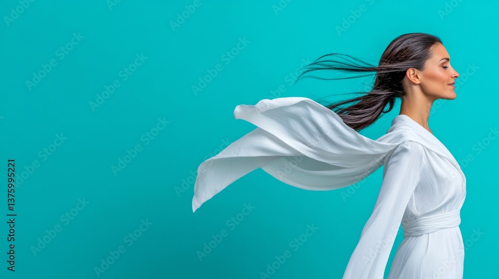 Model in white dress poses gracefully with flowing hair against a vibrant turquoise background during a fashion shoot