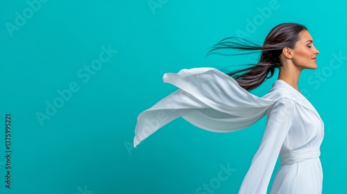 Obraz na płótnie Model in white dress poses gracefully with flowing hair against a vibrant turquoise background during a fashion shoot w salonie