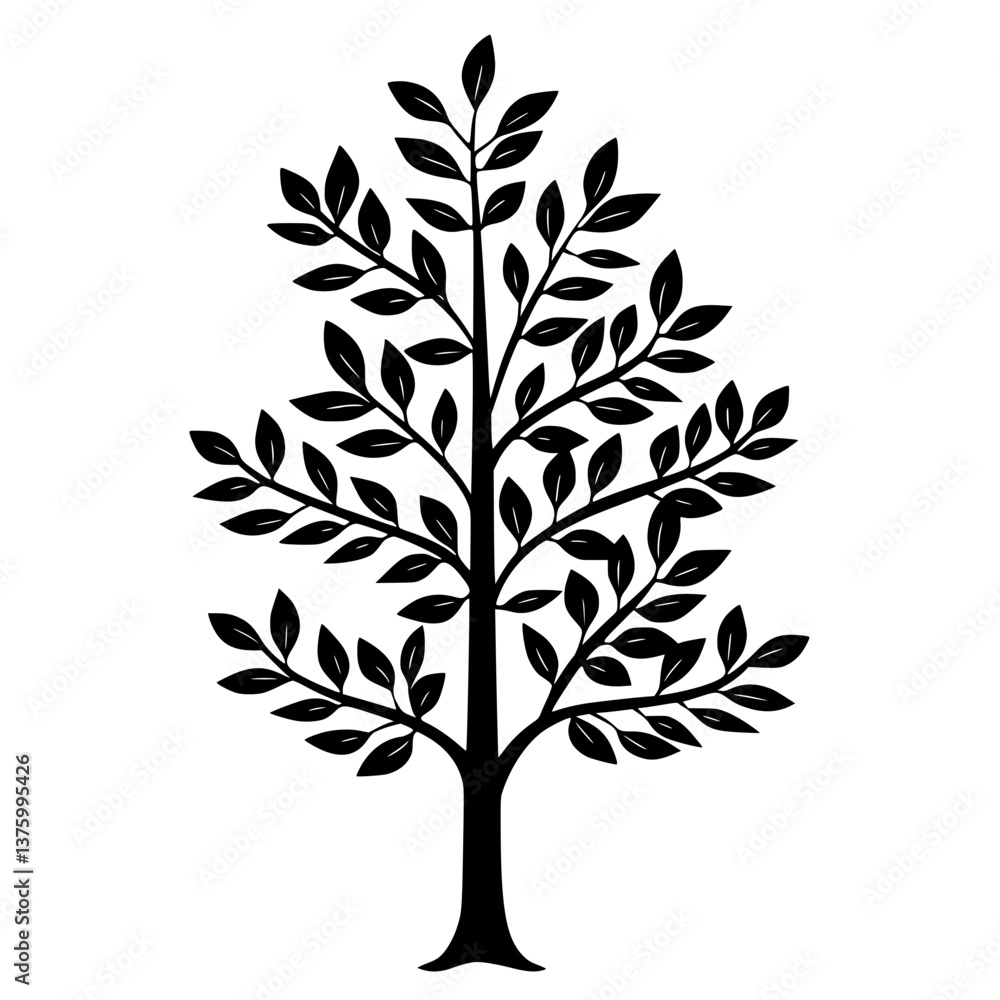 Decorative black tree silhouette with intricate leaf design standing on a plain background Decorative black tree silhouette with intricate leaf design standing on a plain background