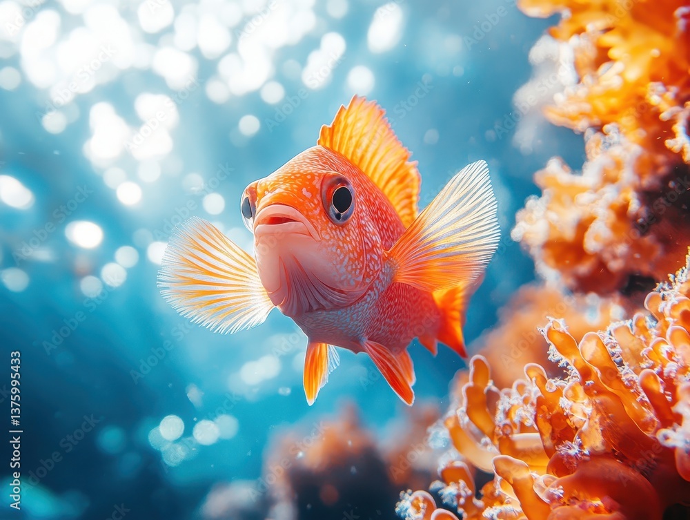 Fototapeta premium fish darting through shimmering microplastics near a coral cluster close up focus on agility ethereal composite marine world