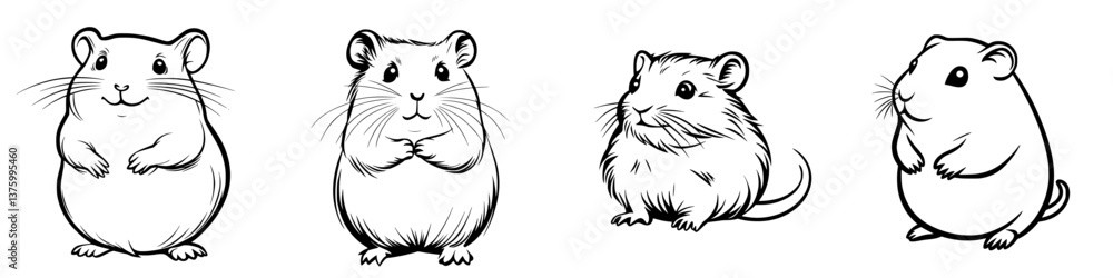 Cute hamsters in different poses showcasing their playful and curious nature in a simple, black and white illustration