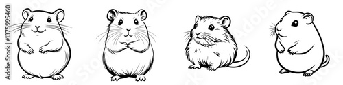 Obraz na płótnie Cute hamsters in different poses showcasing their playful and curious nature in a simple, black and white illustration w salonie