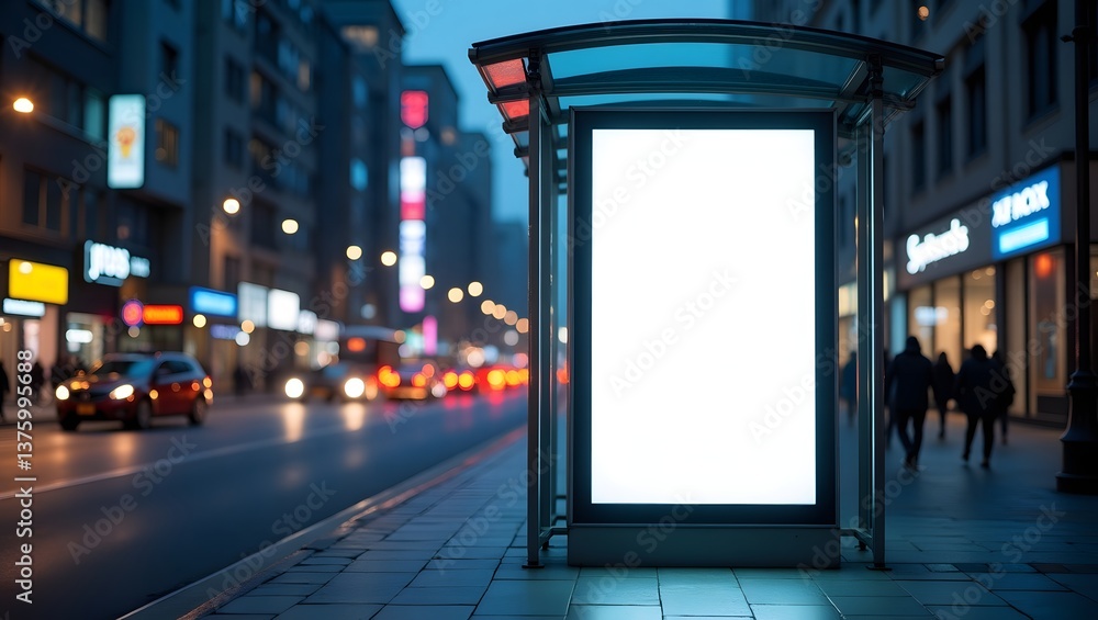 Empty illuminated billboard at night with sleek bus stop structure Empty illuminated billboard at night with sleek bus stop structure