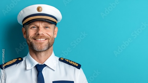 Obraz na płótnie Smiling man in captain uniform poses against a blue background with confidence and charm w salonie