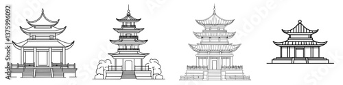 Various traditional Asian architectural designs showcasing intricate details and unique roof styles