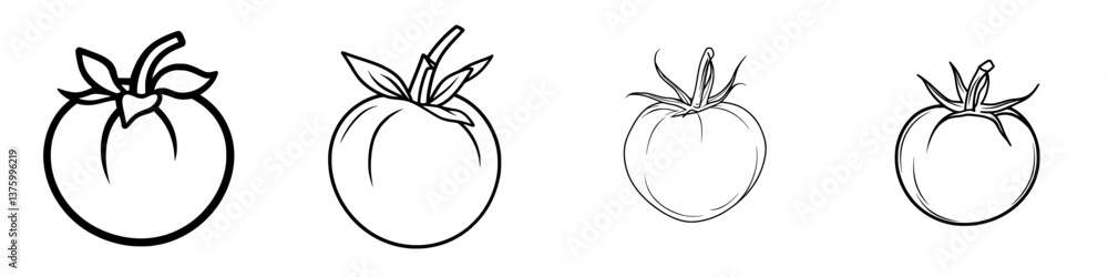 Black and white line drawings of various tomato illustrations showing different sizes and styles for artistic inspiration Black and white line drawings of various tomato illustrations showing different sizes and styles for artistic inspiration