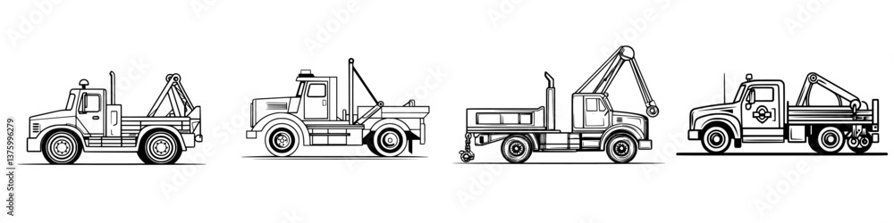 Various models of tow trucks displayed in a clean and simple design Various models of tow trucks displayed in a clean and simple design