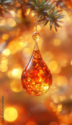 Golden Christmas Glass Ornament, Festive Holiday Background With Sparkling Bokeh Lights.
