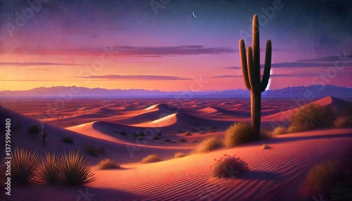 Desert landscape with cactuses and sand dunes at sunset