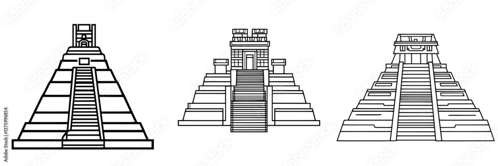 Detailed line drawings of three ancient pyramids showcasing distinct architectural features and designs