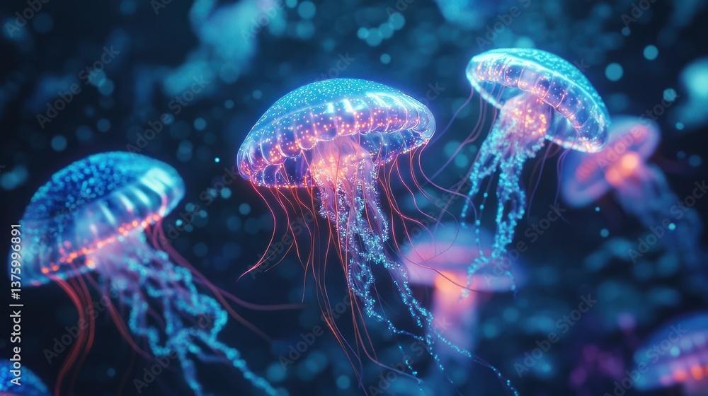 Luminous jellyfish gracefully swimming through dark ocean water spaces Luminous jellyfish gracefully swimming through dark ocean water spaces