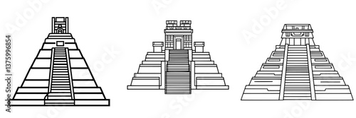 Obraz na płótnie Detailed line drawings of three ancient pyramids showcasing distinct architectural features and designs w salonie