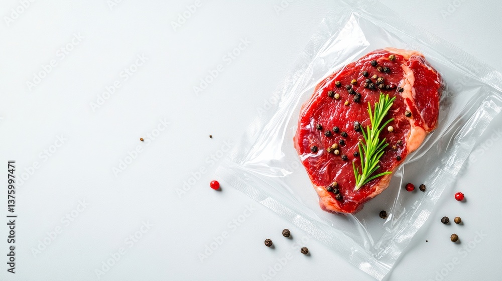 Fresh cut beef steak vacuum sealed with spices and herbs for preservation and flavor enhancement