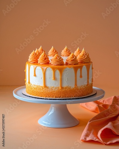 A glowing looking orange creamsicle cake on a plain pastel orange background