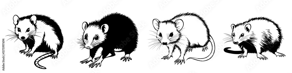 Different species of opossums illustrated in a detailed black and white style showcasing their unique features and postures Different species of opossums illustrated in a detailed black and white style showcasing their unique features and postures