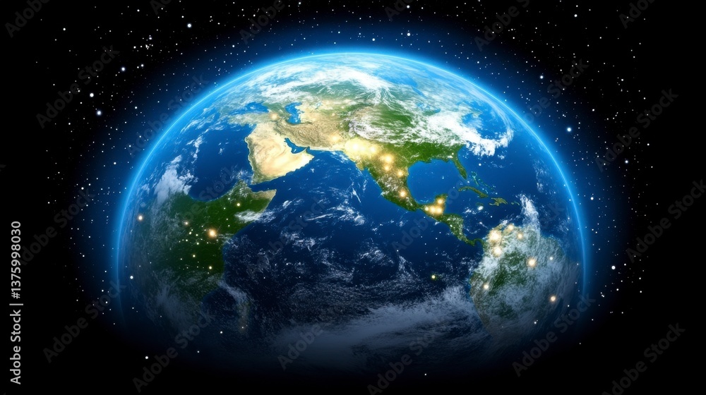 Obraz premium Detailed view of planet Earth from space, showcasing continents, oceans, and city lights at night. The image features a dark background with visible stars and a glowing atmosphere around the planet.