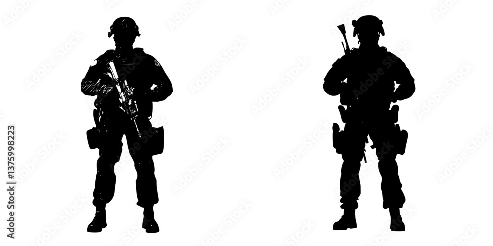 Silhouettes of soldiers standing in a defensive posture against a blank background Silhouettes of soldiers standing in a defensive posture against a blank background