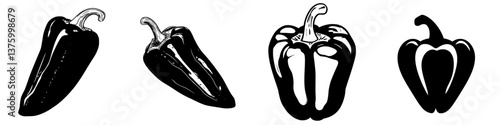 Black and white illustrations of various types of peppers suitable for culinary art and design