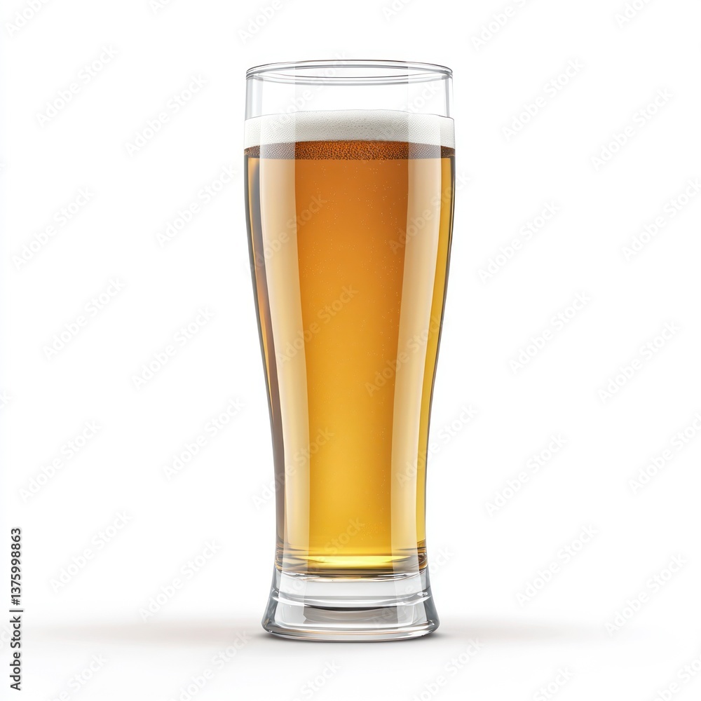 Tall Beer Glass with Light Beer and Foam on White Background Tall Beer Glass with Light Beer and Foam on White Background