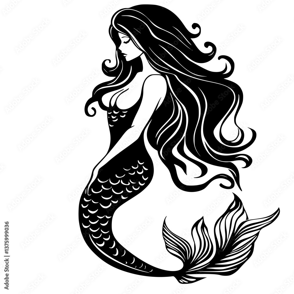 Elegant mermaid with flowing hair and detailed tail design captured in black and white artistic style Elegant mermaid with flowing hair and detailed tail design captured in black and white artistic style